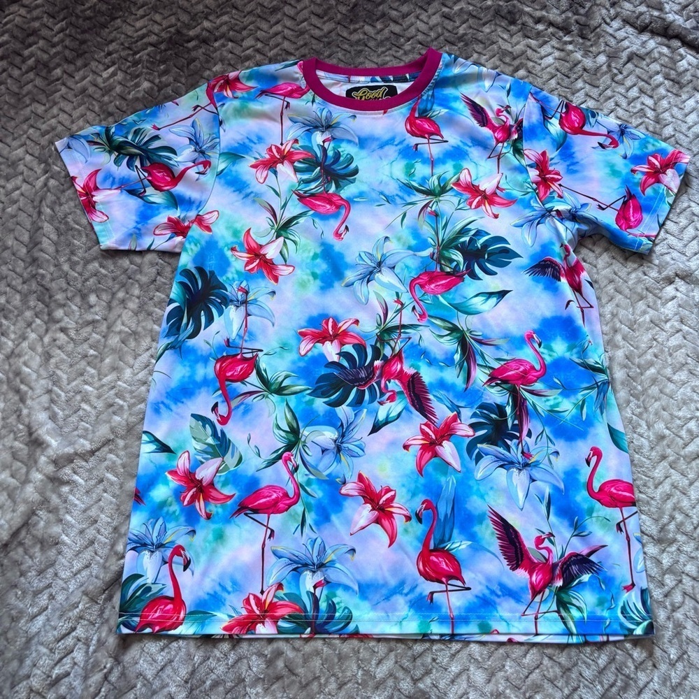 ⭐️⭐️⭐️Good Vibes MENS Hawaiian Flamingo Floral T-shirt size Large